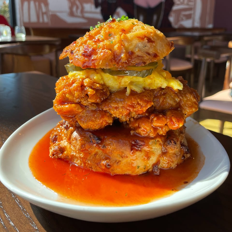 Stacked fried chicken and scrambled eggs on a biscuit, drizzled with hot sauce, on a white plate.
