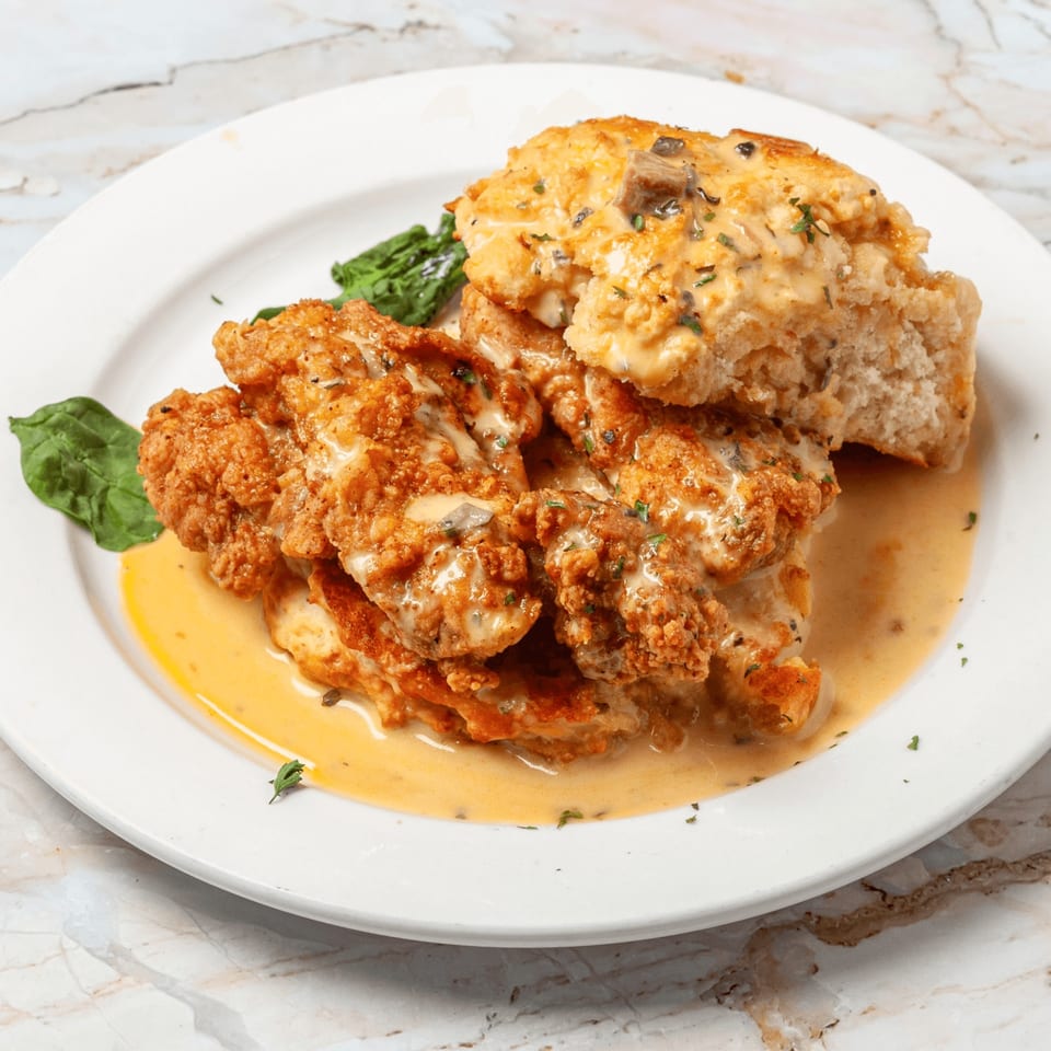 Golden fried chicken and a biscuit covered in creamy gravy, garnished with spinach on a white plate.